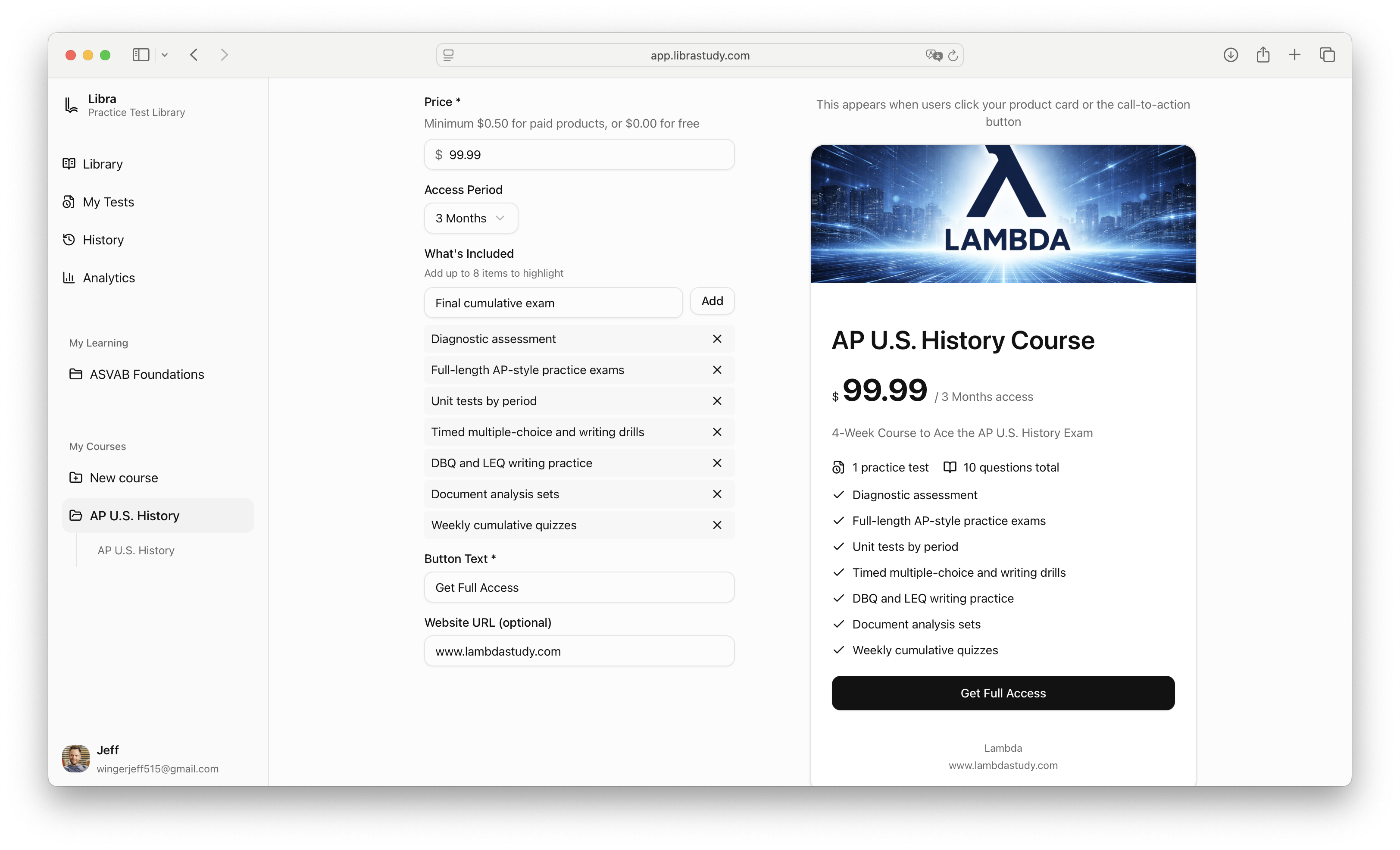 Configure pricing, access period, and course details